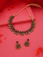 Tehzeeb Creations Luxurious Gold Polished Maroon Colour Choker Necklace Set With Matching Earrings | Grocsy