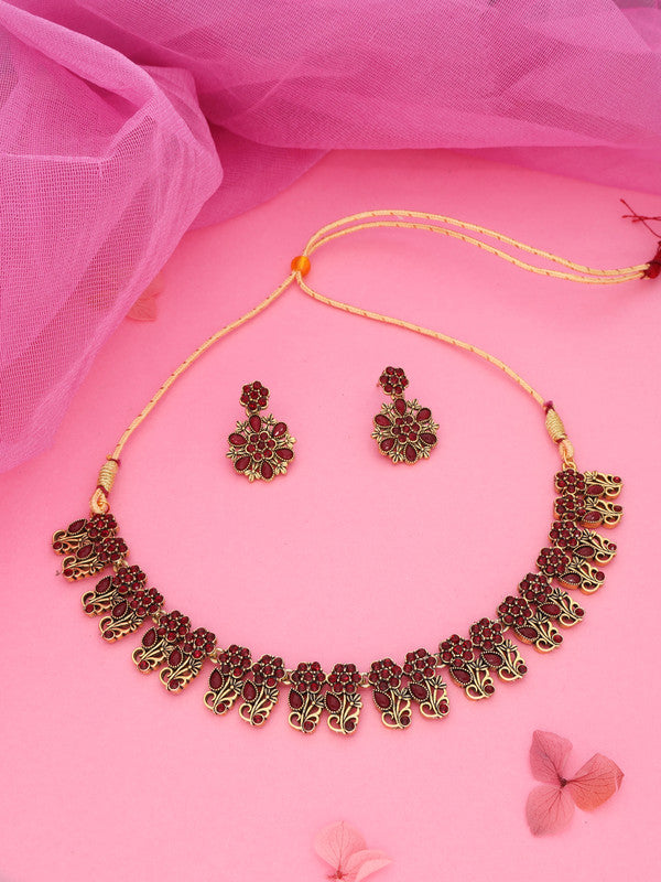 Tehzeeb Creations Luxurious Gold Polished Maroon Colour Choker Necklace Set With Matching Earrings | Grocsy