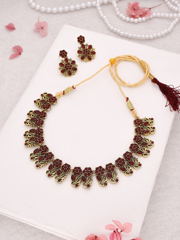 Tehzeeb Creations Luxurious Gold Polished Maroon Colour Choker Necklace Set With Matching Earrings | Grocsy