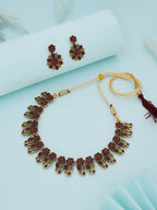 Tehzeeb Creations Luxurious Gold Polished Maroon Colour Choker Necklace Set With Matching Earrings | Grocsy