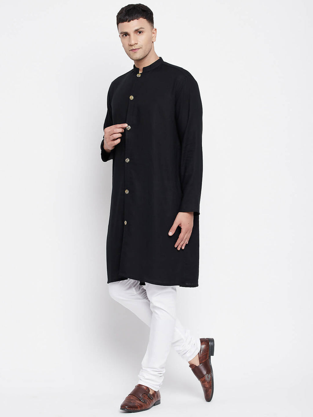 Even Apparels Black Pure Cotton Men's Sherwani Kurta With Open Front | Grocsy