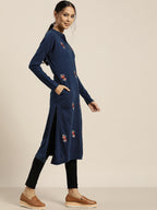 Sangria Deep Navy Blue Acrylic Winter Kurta | Grocsy