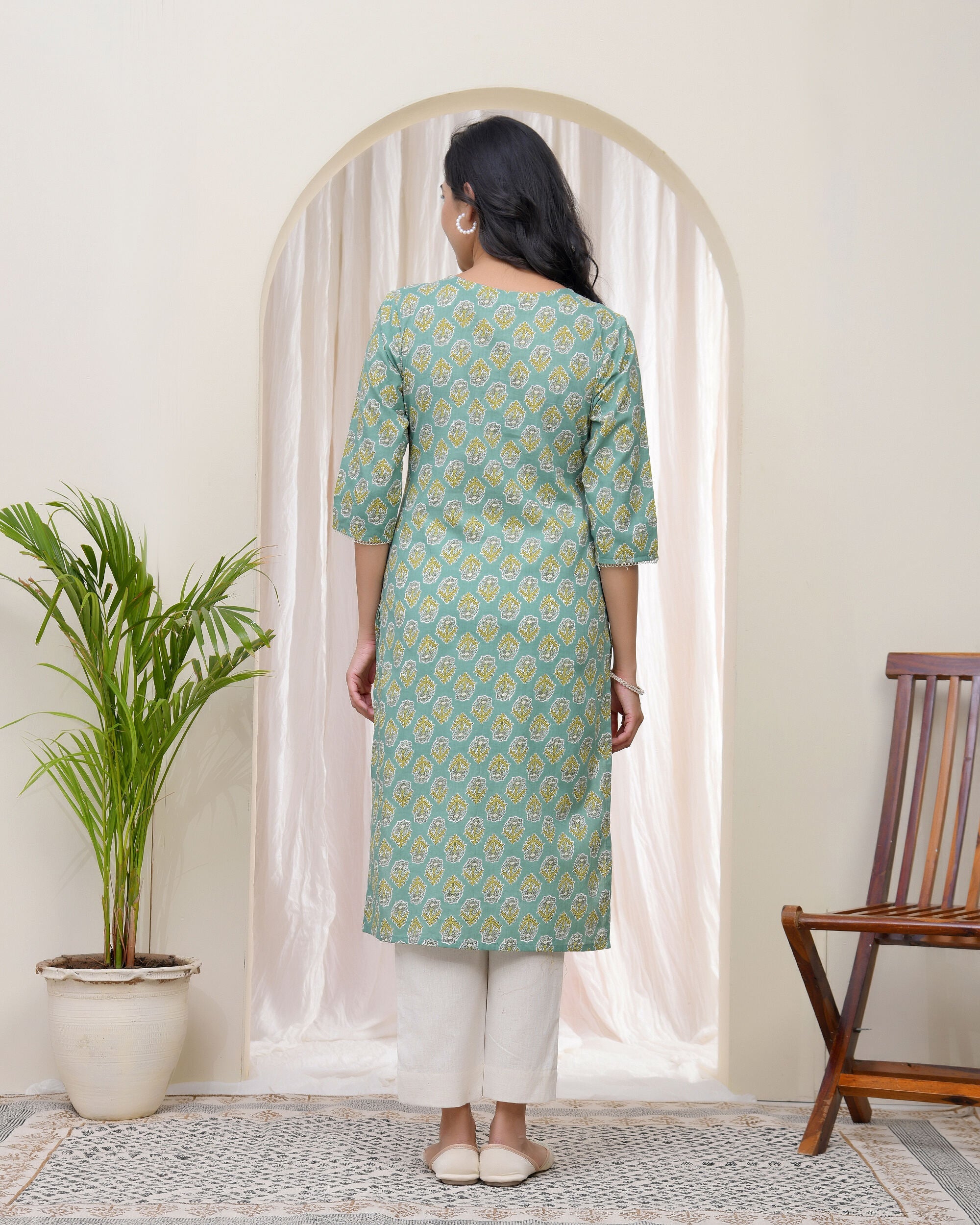 Vaasva Women Aqua Cotton Printed Straight Kurti | Grocsy