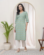 Vaasva Women Aqua Cotton Printed Straight Kurti | Grocsy