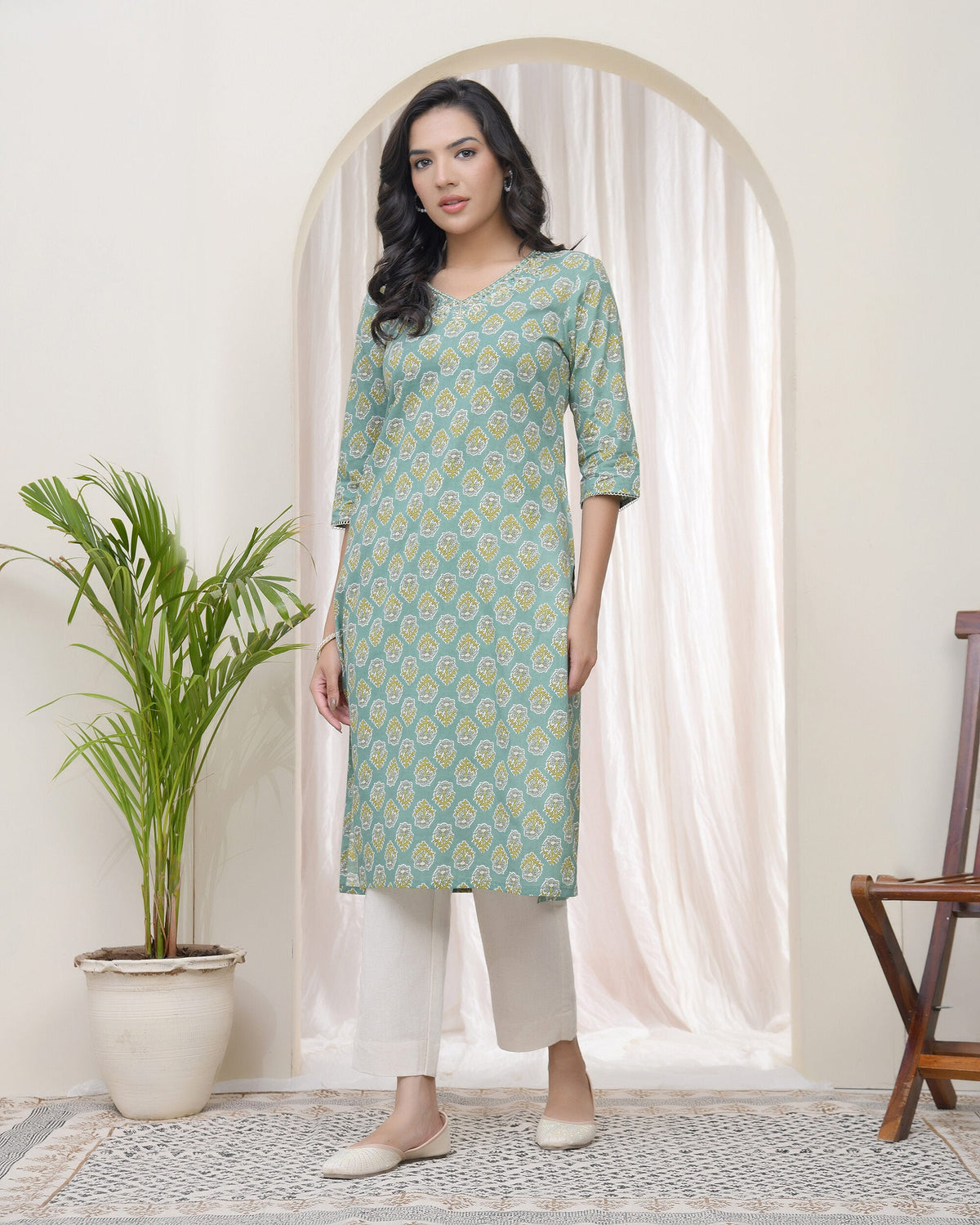 Vaasva Women Aqua Cotton Printed Straight Kurti | Grocsy