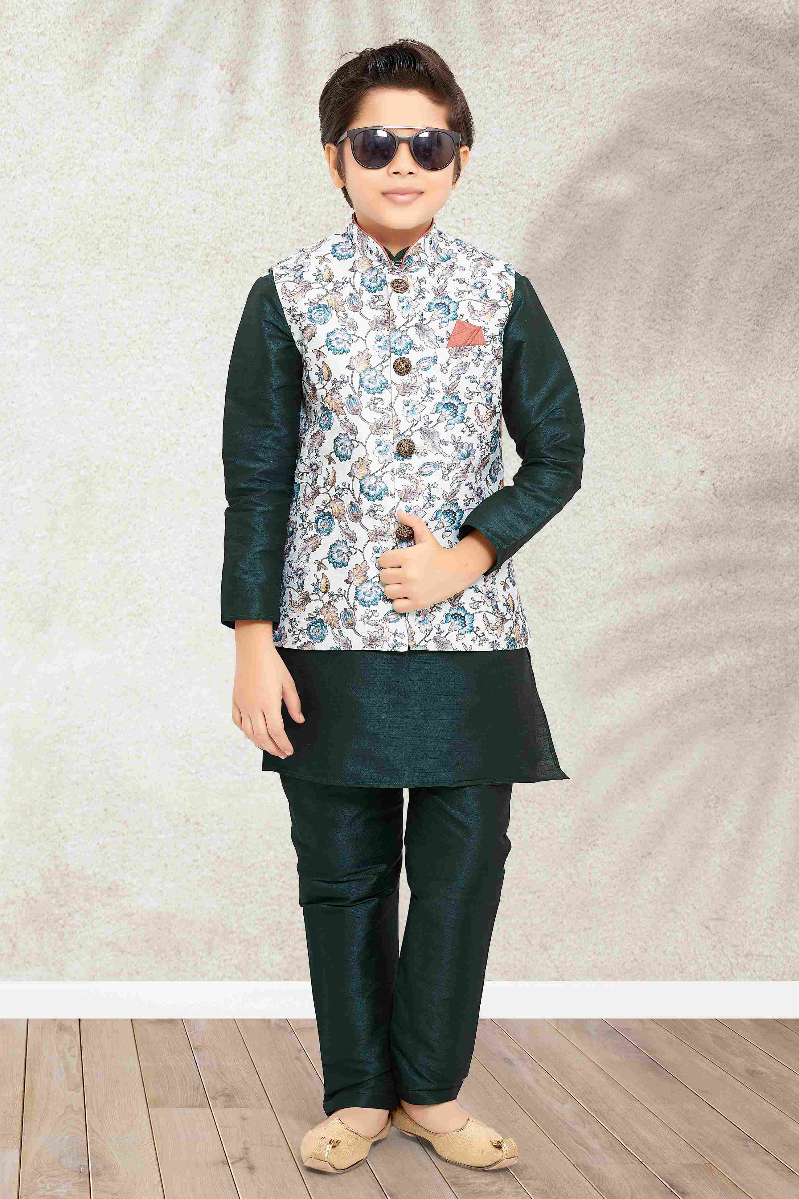 Raivat Ethnic Banarasi Silk Digital Printed Kurta Pajama With Jacket In Pista Green Colour | Grocsy