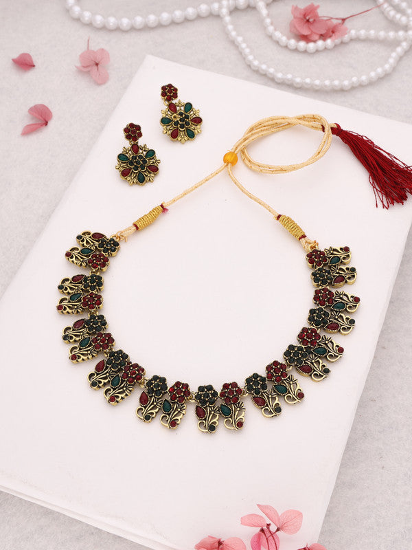 Tehzeeb Creations Luxurious Gold Polished Maroon & Green Colour Choker Necklace Set With Matching Earrings | Grocsy