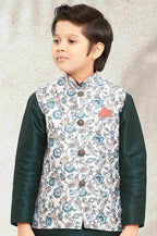 Raivat Ethnic Banarasi Silk Digital Printed Kurta Pajama With Jacket In Pista Green Colour | Grocsy