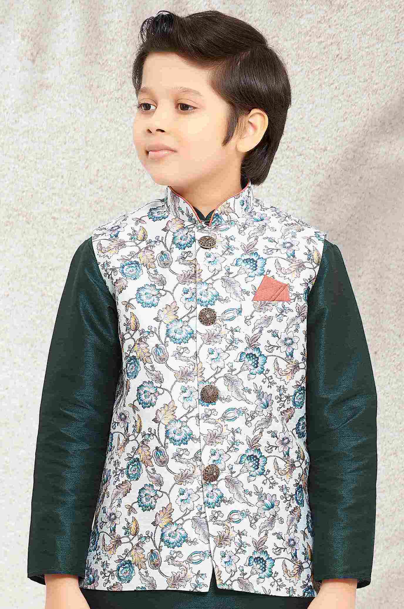 Raivat Ethnic Banarasi Silk Digital Printed Kurta Pajama With Jacket In Pista Green Colour | Grocsy
