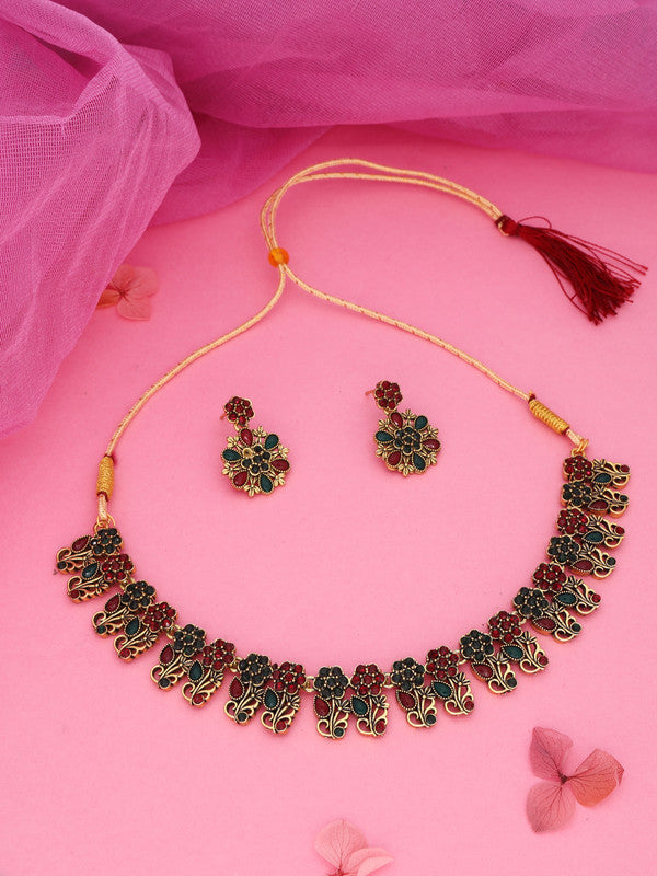 Tehzeeb Creations Luxurious Gold Polished Maroon & Green Colour Choker Necklace Set With Matching Earrings | Grocsy