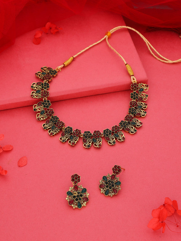 Tehzeeb Creations Luxurious Gold Polished Maroon & Green Colour Choker Necklace Set With Matching Earrings | Grocsy