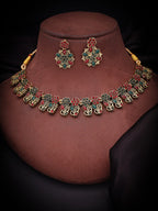 Tehzeeb Creations Luxurious Gold Polished Maroon & Green Colour Choker Necklace Set With Matching Earrings | Grocsy
