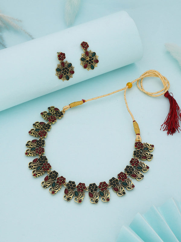 Tehzeeb Creations Luxurious Gold Polished Maroon & Green Colour Choker Necklace Set With Matching Earrings | Grocsy