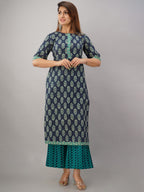 HERE&NOW Turquoise Blue Floral Printed Regular Kurta with Palazzos | Grocsy