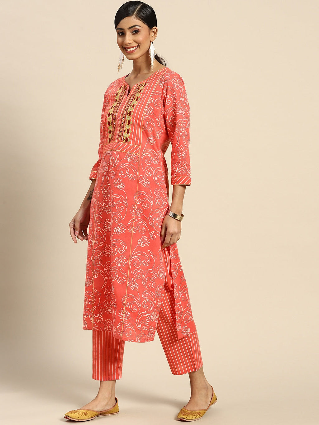 Sangria Women Peach-Coloured Ethnic Printed Mirror Work Pure Cotton Kurta with Trousers | Grocsy
