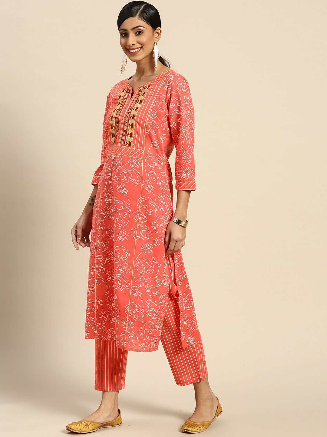 Sangria Women Peach-Coloured Ethnic Printed Mirror Work Pure Cotton Kurta with Trousers | Grocsy