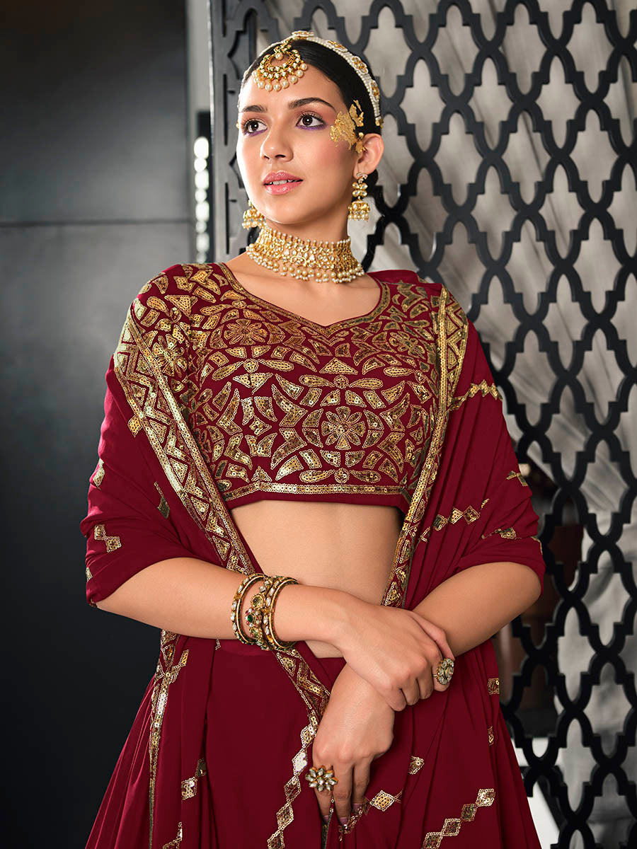 Myra Maroon Georgette Embroidered Designer Lehenga | Grocsy