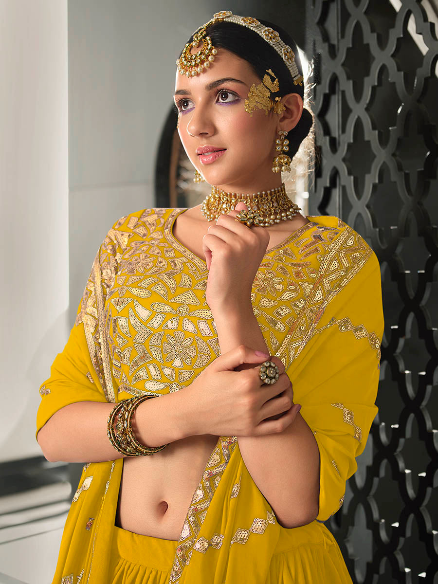 Myra Yellow Georgette Embroidered Designer Lehenga | Grocsy