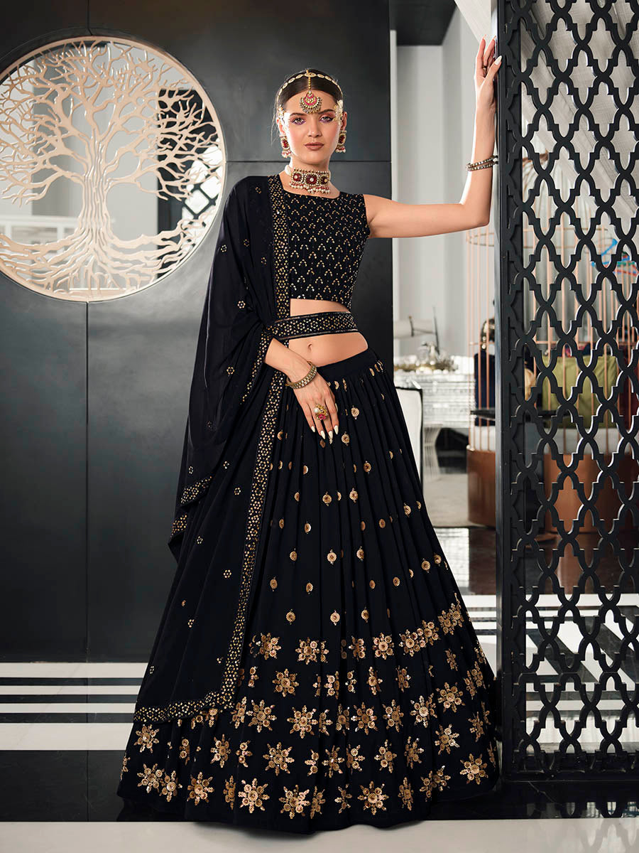 Myra Navy Blue Georgette Embroidered Designer Lehenga | Grocsy