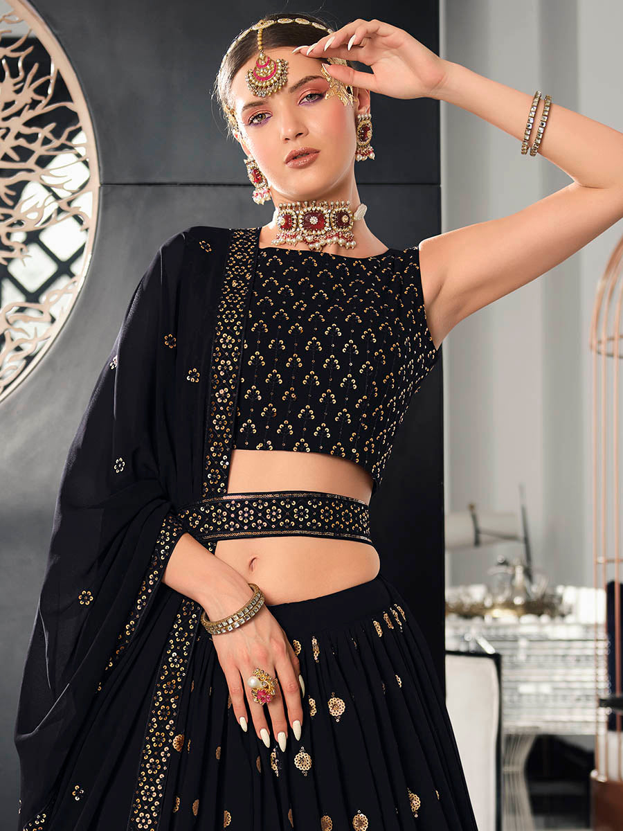 Myra Navy Blue Georgette Embroidered Designer Lehenga | Grocsy