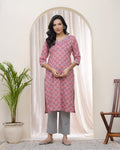 Vaasva Women Pink Cotton Printed Straight Kurti | Grocsy