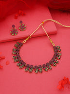 Tehzeeb Creations Luxurious Gold Polished Pink Colour Choker Necklace Set With Matching Earrings | Grocsy