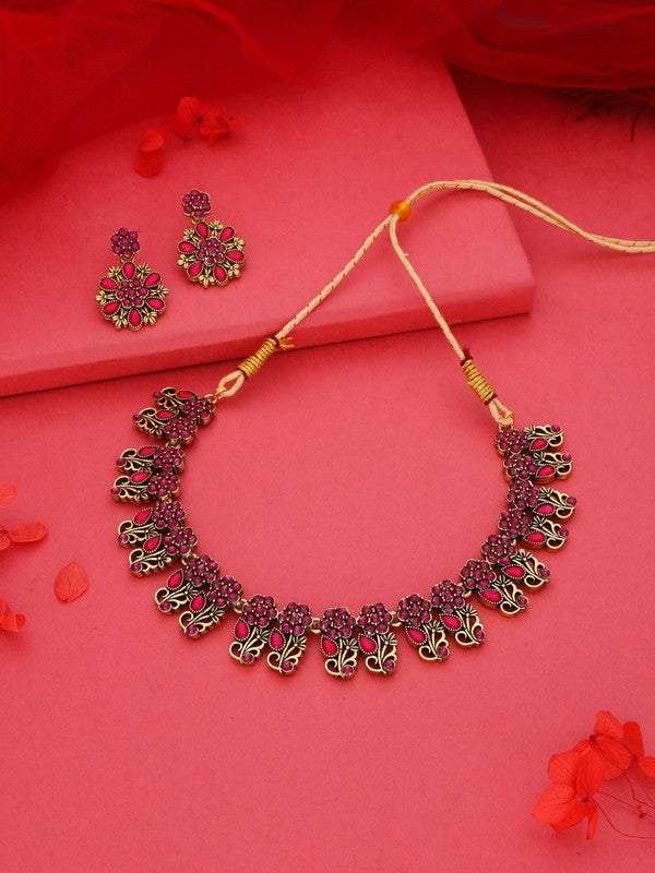Tehzeeb Creations Luxurious Gold Polished Pink Colour Choker Necklace Set With Matching Earrings | Grocsy