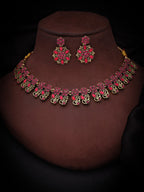 Tehzeeb Creations Luxurious Gold Polished Pink Colour Choker Necklace Set With Matching Earrings | Grocsy