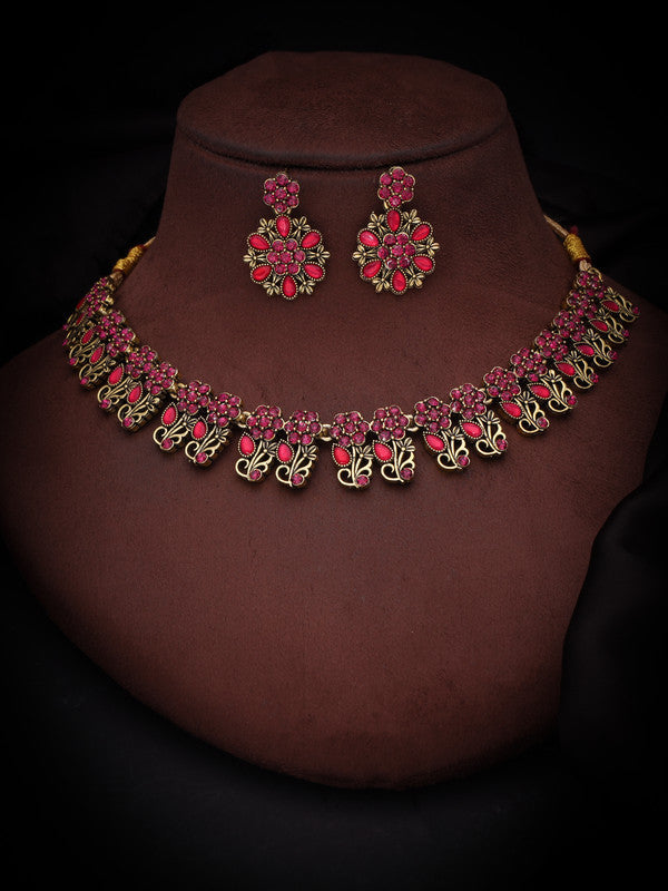 Tehzeeb Creations Luxurious Gold Polished Pink Colour Choker Necklace Set With Matching Earrings | Grocsy