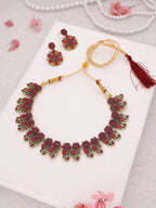 Tehzeeb Creations Luxurious Gold Polished Pink Colour Choker Necklace Set With Matching Earrings | Grocsy