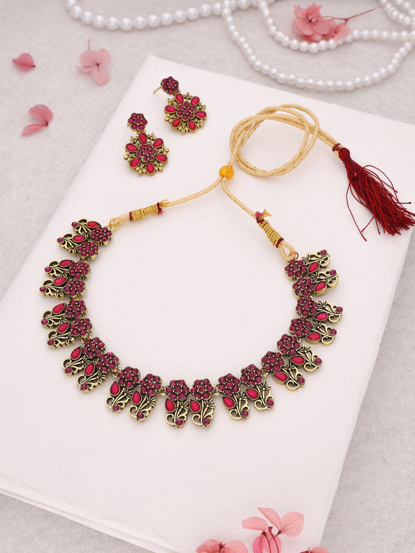 Tehzeeb Creations Luxurious Gold Polished Pink Colour Choker Necklace Set With Matching Earrings | Grocsy