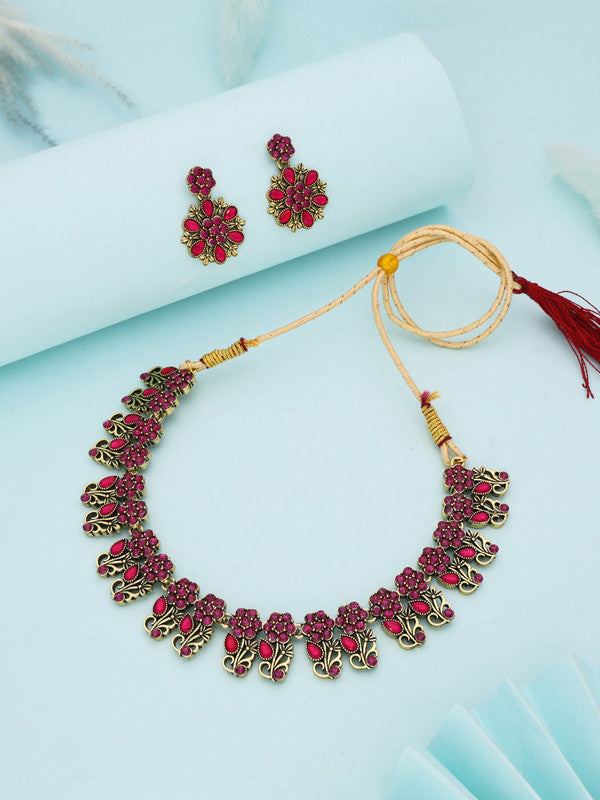 Tehzeeb Creations Luxurious Gold Polished Pink Colour Choker Necklace Set With Matching Earrings | Grocsy