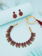 Tehzeeb Creations Luxurious Gold Polished Pink Colour Choker Necklace Set With Matching Earrings | Grocsy