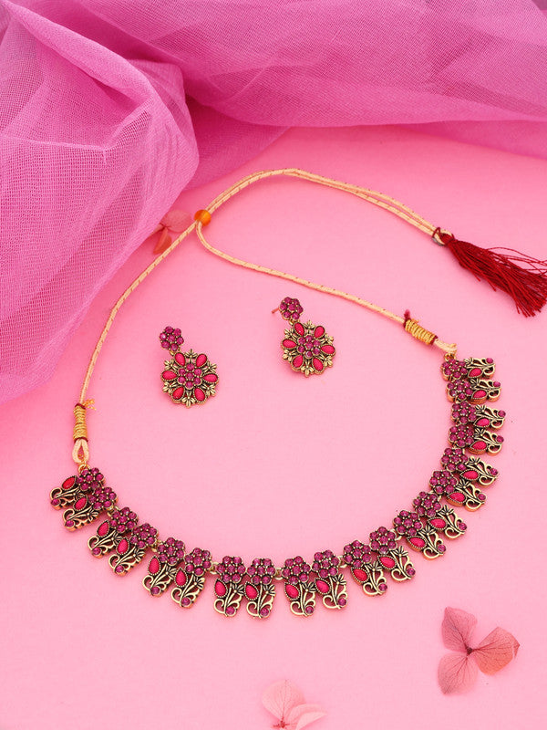 Tehzeeb Creations Luxurious Gold Polished Pink Colour Choker Necklace Set With Matching Earrings | Grocsy