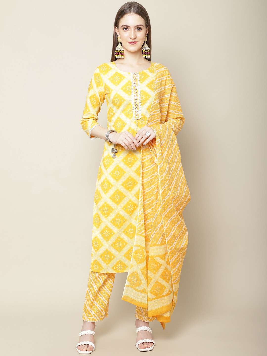 Sangria Women Yellow Printed Thread Work Pure Cotton Kurta with Trousers | Grocsy