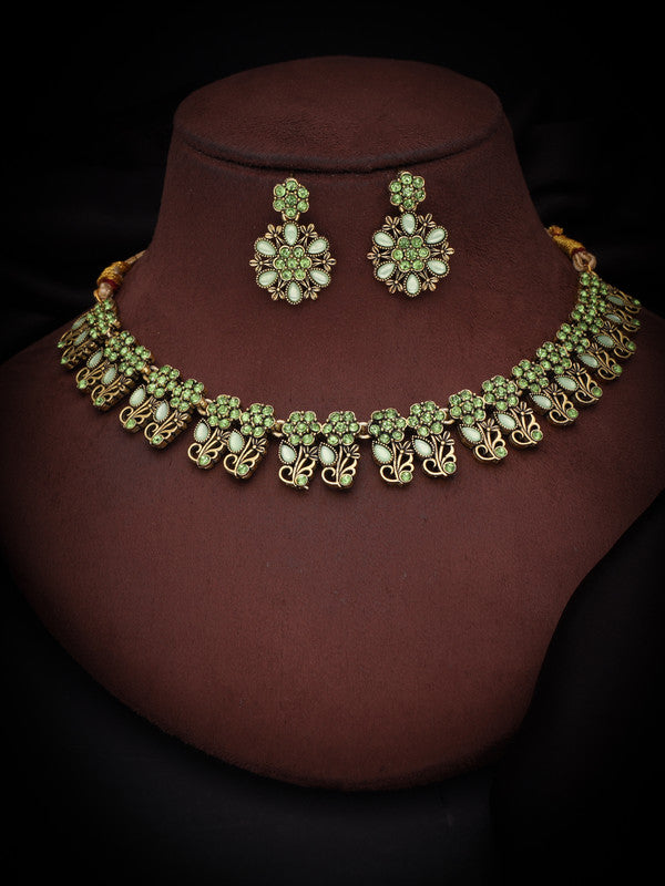 Tehzeeb Creations Luxurious Gold Polished Sea Green Colour Choker Necklace Set With Matching Earrings | Grocsy