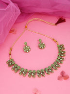 Tehzeeb Creations Luxurious Gold Polished Sea Green Colour Choker Necklace Set With Matching Earrings | Grocsy