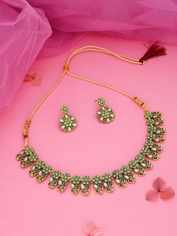 Tehzeeb Creations Luxurious Gold Polished Sea Green Colour Choker Necklace Set With Matching Earrings | Grocsy