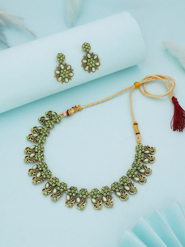 Tehzeeb Creations Luxurious Gold Polished Sea Green Colour Choker Necklace Set With Matching Earrings | Grocsy