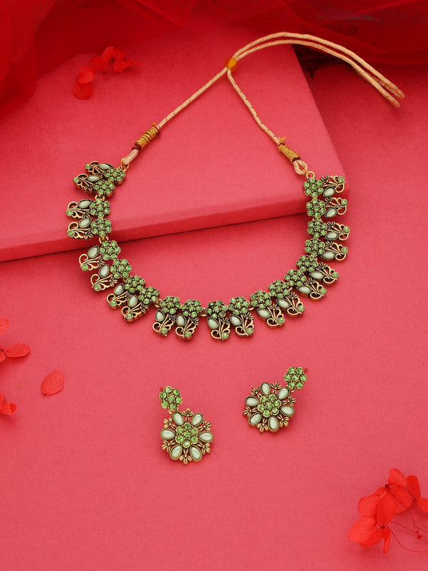 Tehzeeb Creations Luxurious Gold Polished Sea Green Colour Choker Necklace Set With Matching Earrings | Grocsy