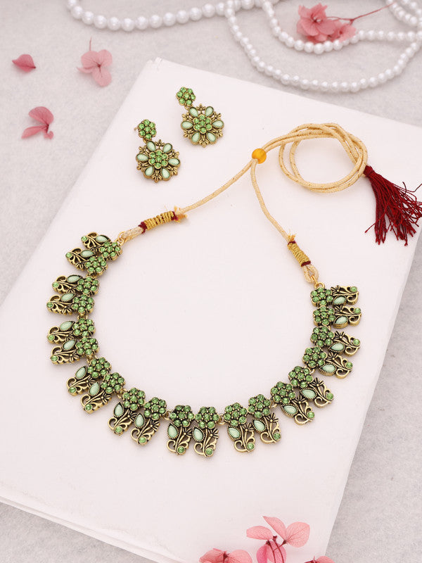 Tehzeeb Creations Luxurious Gold Polished Sea Green Colour Choker Necklace Set With Matching Earrings | Grocsy