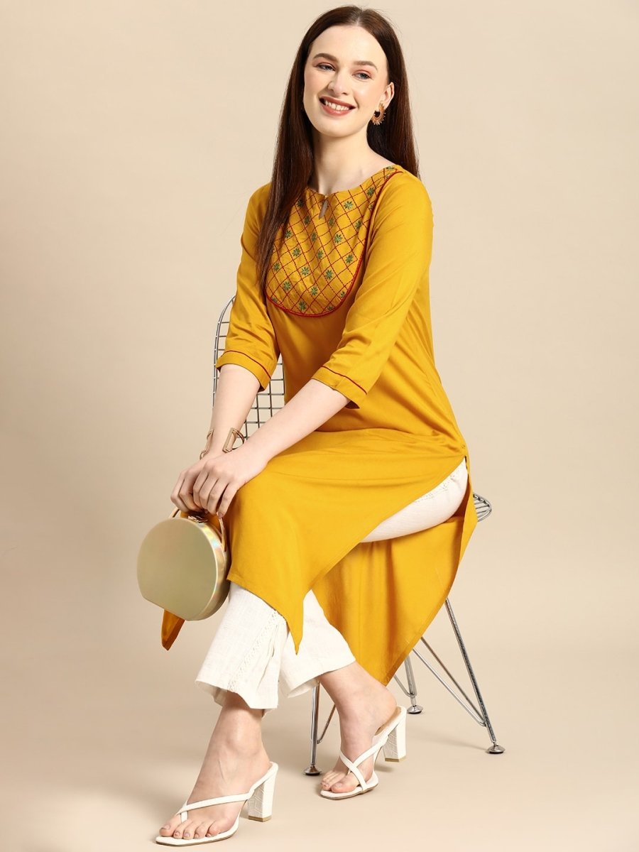 All About You Women Mustard Yellow Ethnic Motifs Yoke Design Keyhole Neck Straight Kurta | Grocsy