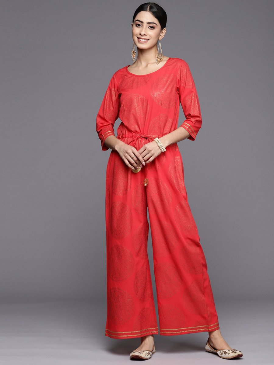 Ahalyaa Printed Crepe Basic Jumpsuit With Waist Tie-Ups | Grocsy