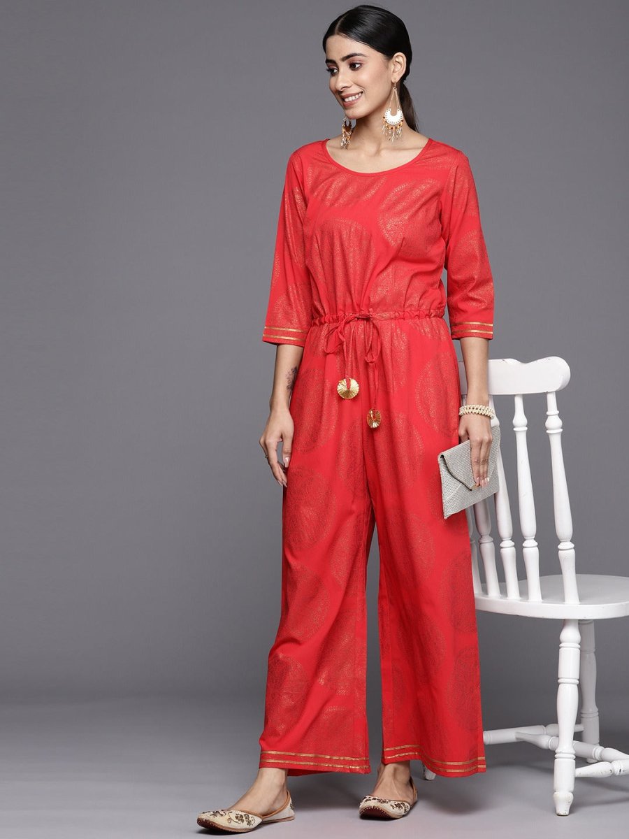 Ahalyaa Printed Crepe Basic Jumpsuit With Waist Tie-Ups | Grocsy