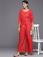 Ahalyaa Printed Crepe Basic Jumpsuit With Waist Tie-Ups | Grocsy