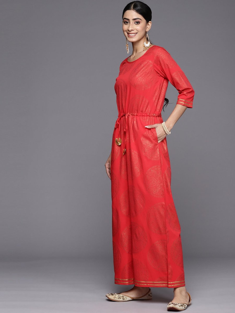 Ahalyaa Printed Crepe Basic Jumpsuit With Waist Tie-Ups | Grocsy