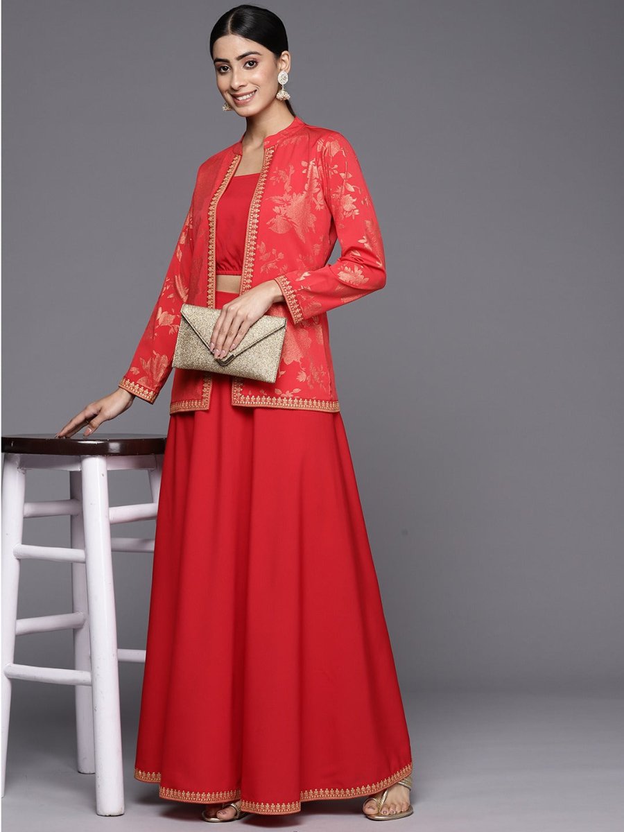 Ahalyaa Crepe Top With Skirt & Jacket | Grocsy