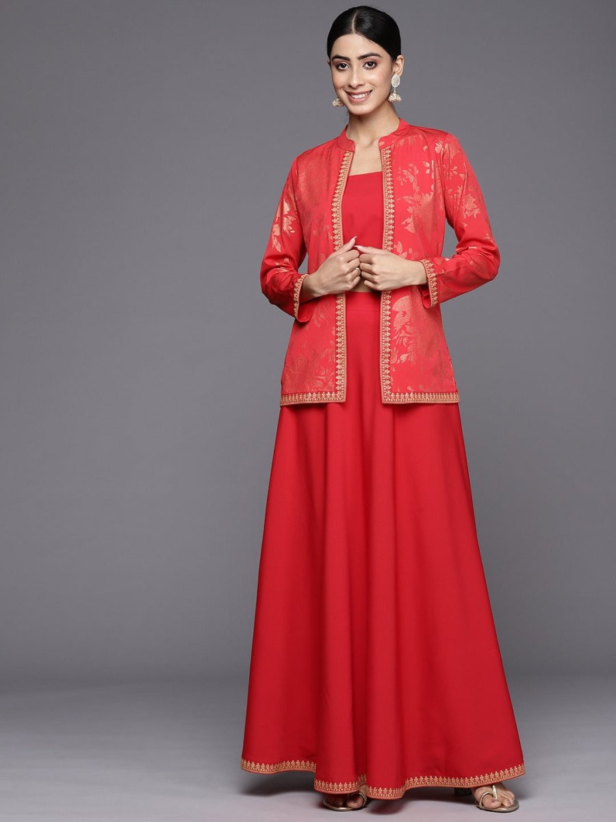 Ahalyaa Crepe Top With Skirt & Jacket | Grocsy