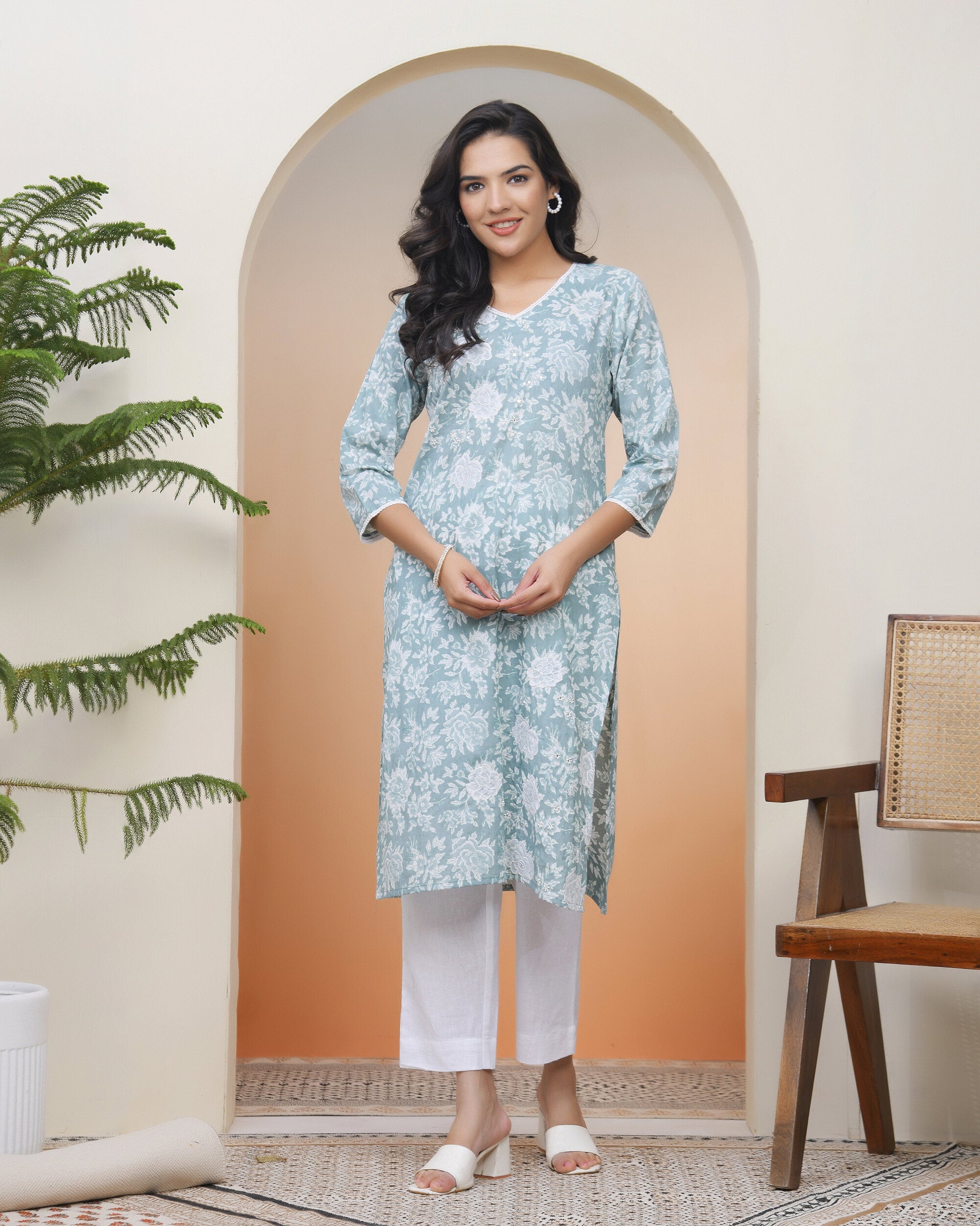 Vaasva Women Mint Cotton Printed Straight Kurti | Grocsy