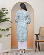 Vaasva Women Mint Cotton Printed Straight Kurti | Grocsy